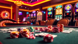 Khela88 vibrant online casino scene with poker chips and roulette wheel