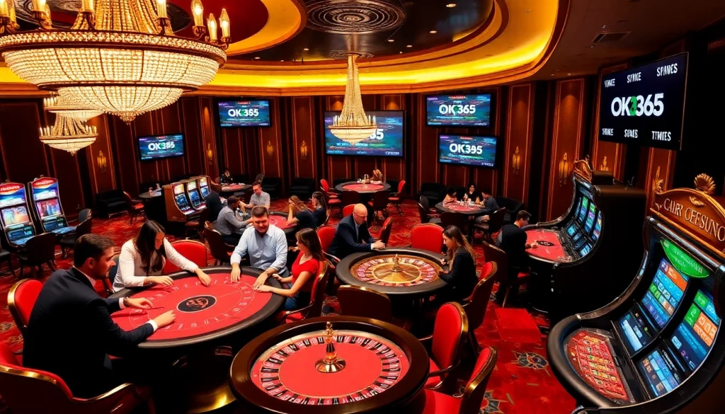 Experience high-stakes gaming at OK365 with vibrant casino visuals of roulette and poker.
