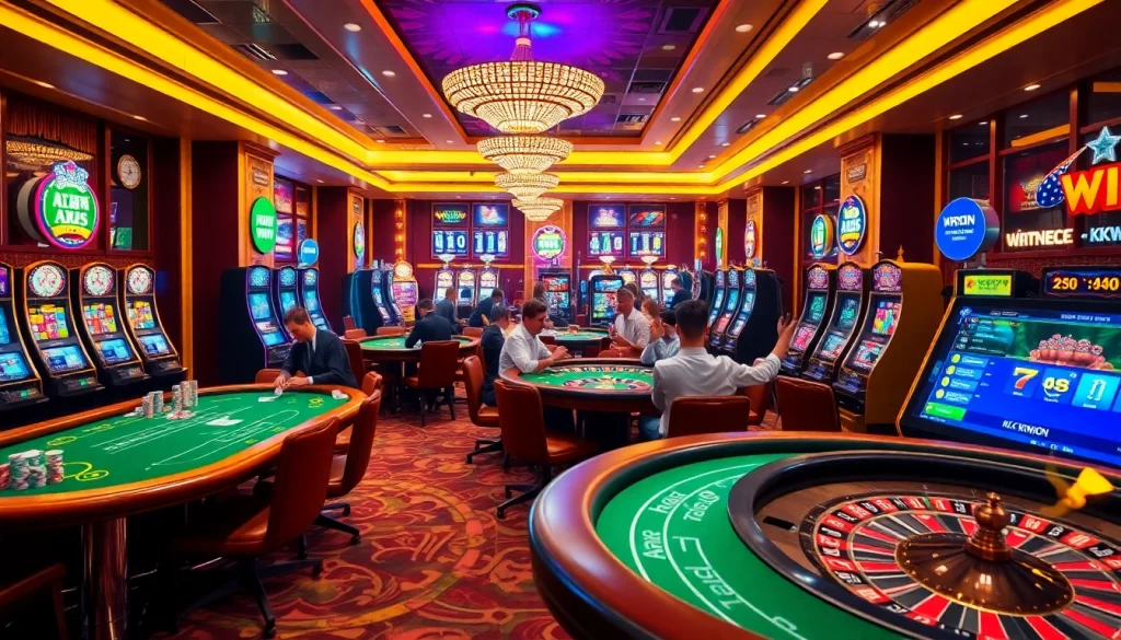 Exciting KKWIN casino scene with players at tables and vibrant slot machines.