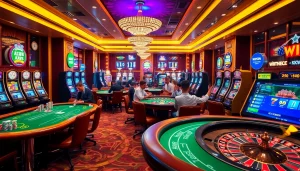 Exciting KKWIN casino scene with players at tables and vibrant slot machines.