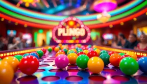 Permainan situs plinko dengan bola berwarna-warni jatuh di papan Plinko yang menarik.