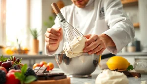 Mousseline cream being prepared by a chef, showcasing rich textures and vibrant ingredients.