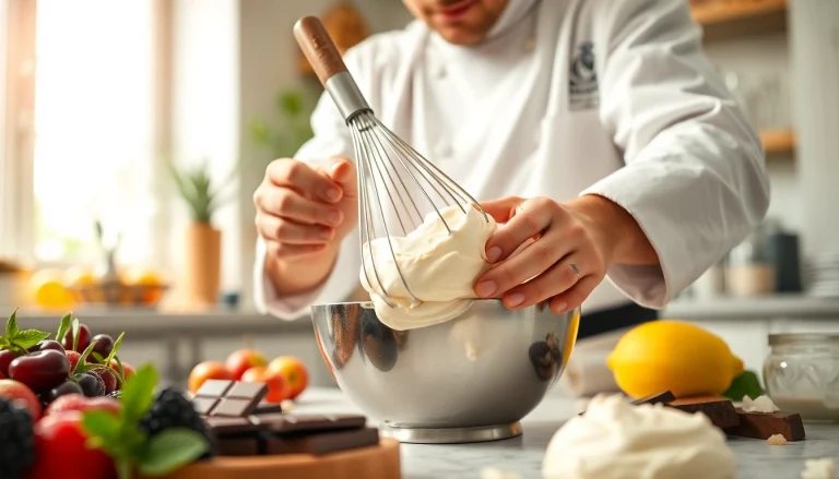 Mousseline cream being prepared by a chef, showcasing rich textures and vibrant ingredients.