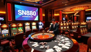 Experience thrilling moments at the casino with SN888 Download, showcasing vibrant gaming elements.