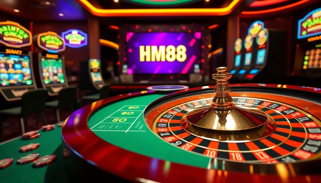 Experience luxury gaming at HM88 with roulette, chips, and vibrant slot machines.