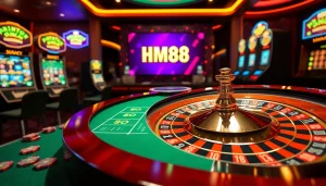 Experience luxury gaming at HM88 with roulette, chips, and vibrant slot machines.