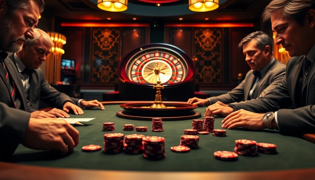Exciting casino scene with AF88 poker game, players engaged with chips and roulette.