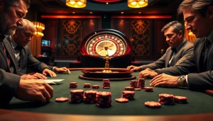 Exciting casino scene with AF88 poker game, players engaged with chips and roulette.