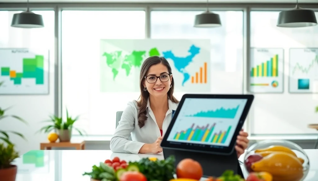 Understanding weight loss plateau with a nutritionist in a bright office analyzing charts and healthy foods.