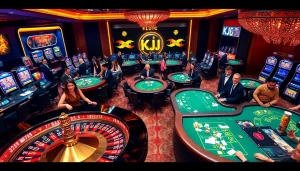 KJC Casino showcasing lively players at tables with high-stakes games and vibrant slot machines.