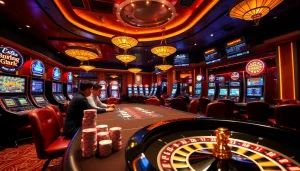 Engage in exciting gameplay at 789BET.COM with vibrant casino visuals featuring poker tables and slot machines.