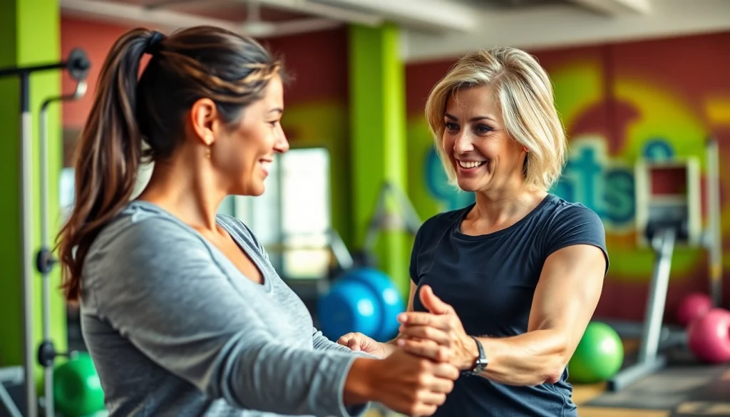 Fitness coach guiding a client to overcome a weight loss plateau in a motivating gym environment.