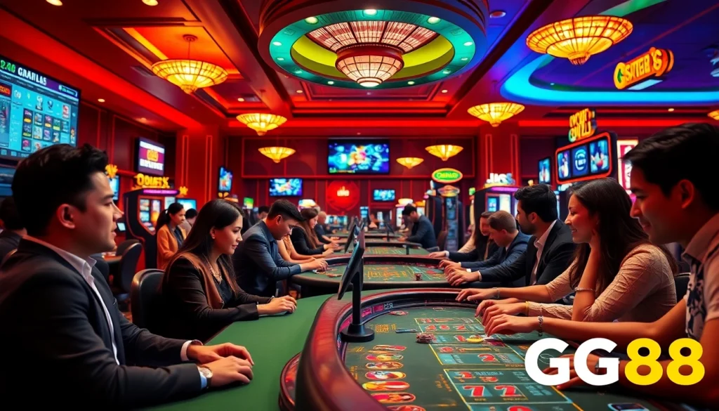 Exciting scene at GG88 online casino with diverse players enjoying games in a vibrant, luxurious setting.