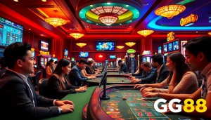 Exciting scene at GG88 online casino with diverse players enjoying games in a vibrant, luxurious setting.