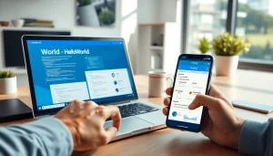 HelloWorld下载: A modern workspace showcasing HelloWorld software on a laptop and smartphone, emphasizing user-friendly design.