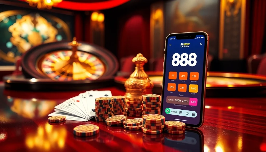 An engaging casino scene integrating the 888New app interface for online gambling excitement.