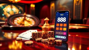 An engaging casino scene integrating the 888New app interface for online gambling excitement.