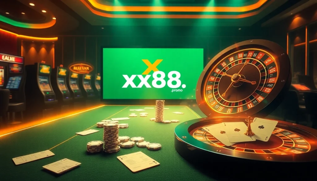 Engage with thrilling online gaming at https://xx88.promo/ featuring vibrant casino elements like tables, chips, and slots.