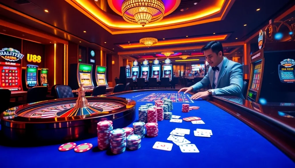 Experience thrilling gameplay with uu88's vibrant casino atmosphere featuring poker chips, cards, and roulette.