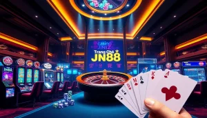 Exciting online casino experience at Trang Chủ Jun88 showcasing slot machines and poker elements.