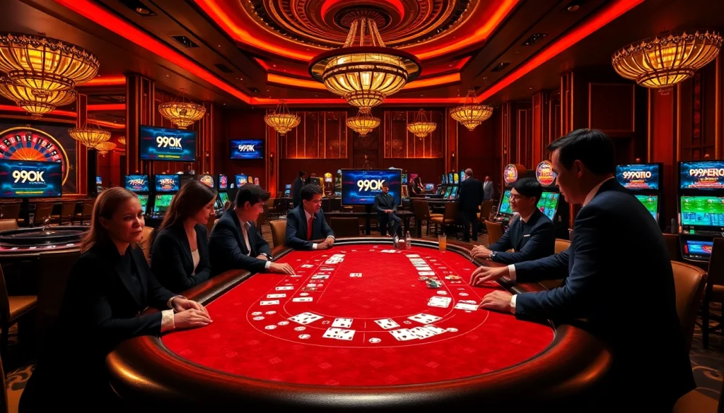 Players engaging in a thrilling game at 99OK's luxurious casino table, highlighting excitement and strategy.