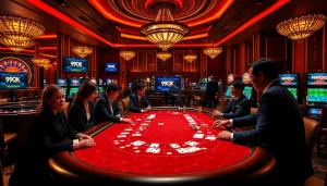 Players engaging in a thrilling game at 99OK's luxurious casino table, highlighting excitement and strategy.