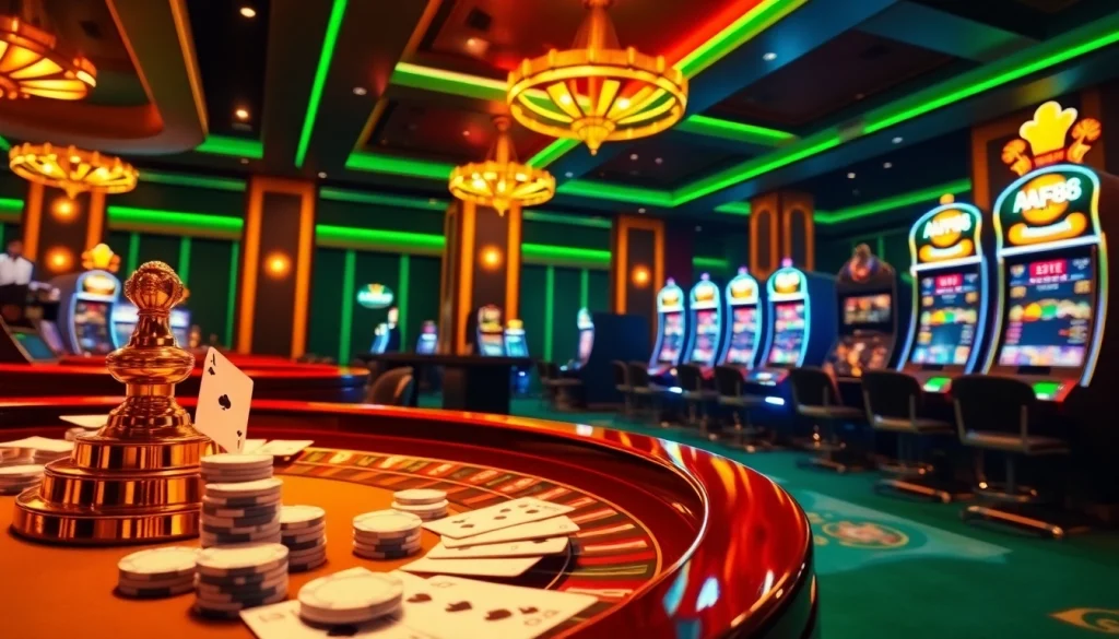 Experience thrilling online games at AF88 with vibrant casino visuals and a sophisticated gambling atmosphere.