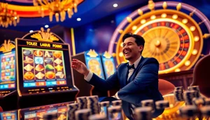 Pemain Togelsumo menikmati permainan slot online dengan grafis kasino yang berwarna-warni dan opsi kemenangan.