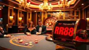 Players engaged in a high-stakes poker game at a luxurious RR88 casino.
