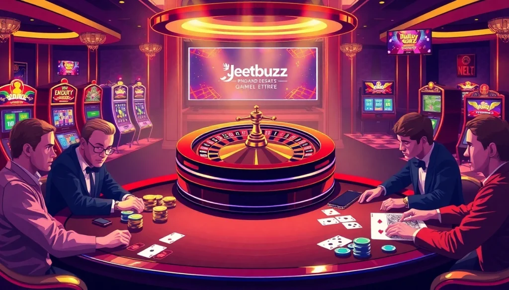 Players enjoying an exciting game at Jeetbuzz casino, surrounded by vibrant slot machines and poker chips.