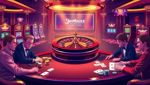 Players enjoying an exciting game at Jeetbuzz casino, surrounded by vibrant slot machines and poker chips.