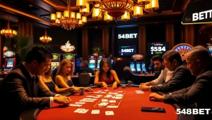 Players engaging in high-stakes poker at a 54BET casino table, feeling the thrill of gambling.