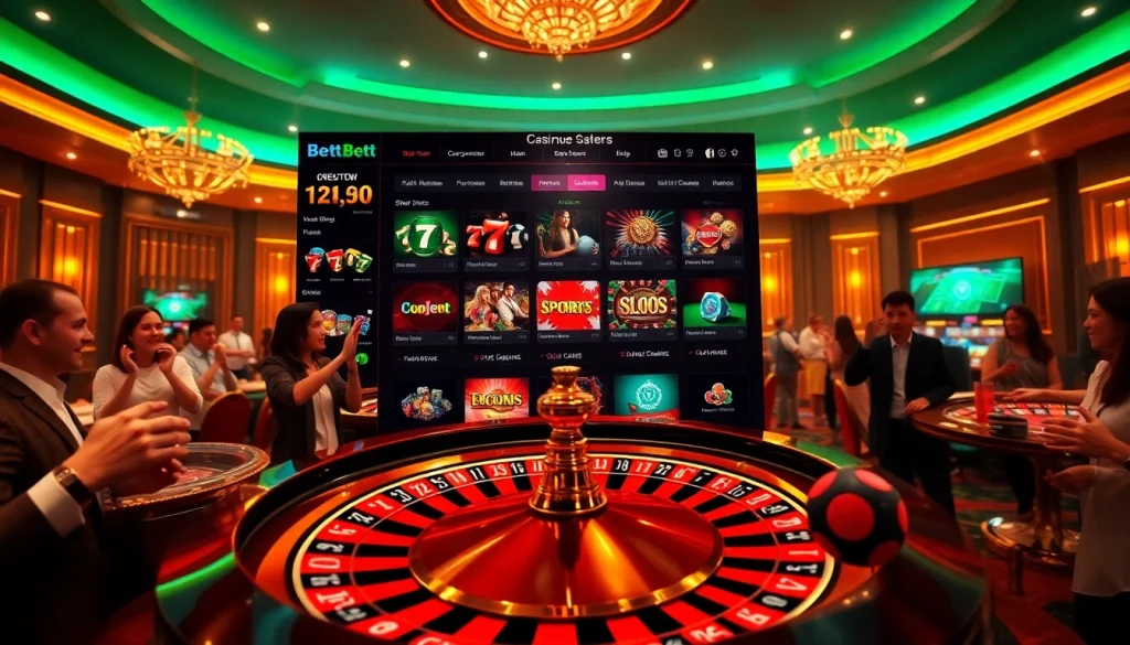 Engage in thrilling online gambling with ink vao 12bet showcasing casino elements like roulette and poker chips.