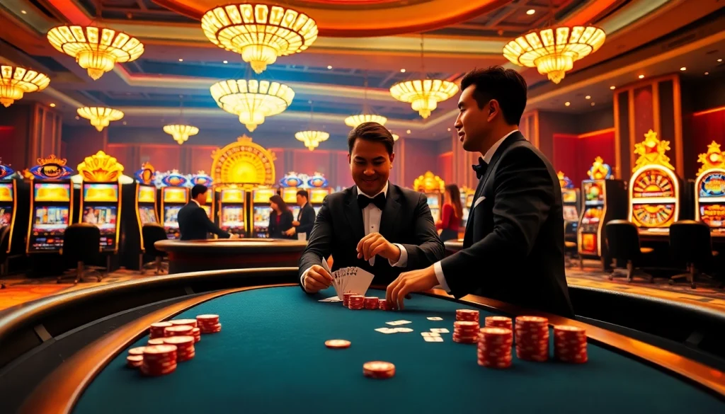 Engaging players at UU88 casino table surrounded by vibrant slot machines.