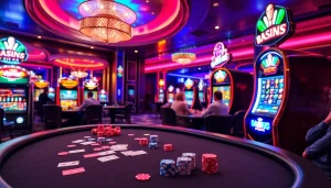 Players enjoying an intense poker game at Hay88 casino table amid vibrant betting action.