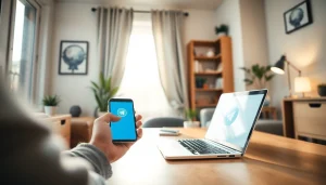 Engaging user exploring 纸飞机中文版 app on smartphone in a cozy home office.