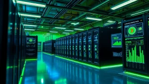 Visual representation of dogecoin cloud mining earnings within a modern, eco-friendly cryptocurrency mining facility.