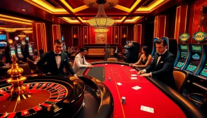 The excitement of high-stakes gambling at urr88.com with a roulette wheel and poker action.