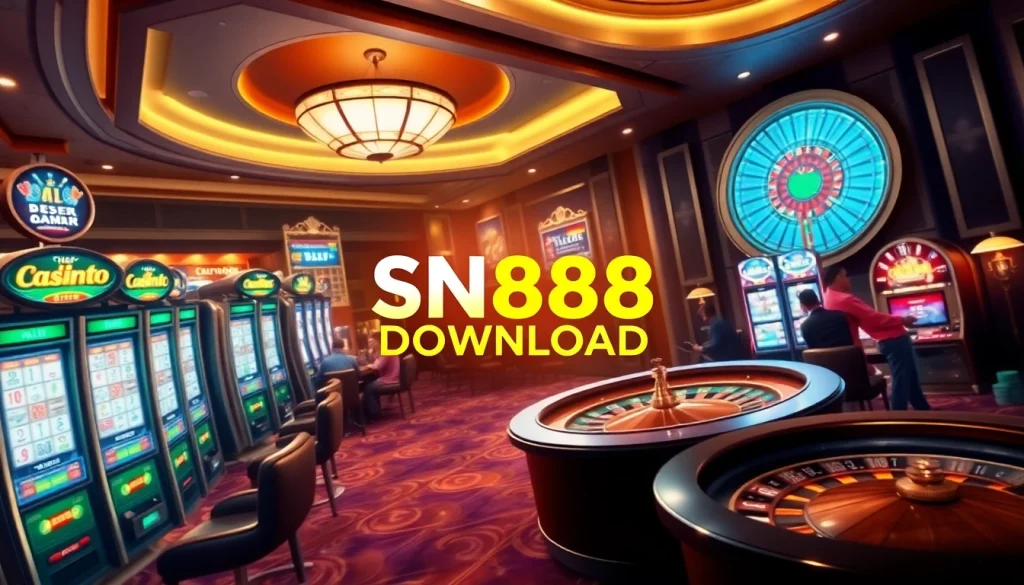 SN888 Download showcasing an exciting casino scene with players and vibrant gaming elements.
