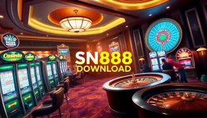 SN888 Download showcasing an exciting casino scene with players and vibrant gaming elements.