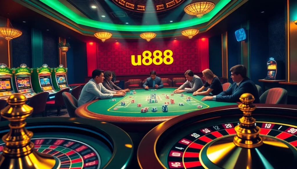 u888 players engaging at a poker table with vibrant colors and luxury casino elements