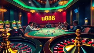 u888 players engaging at a poker table with vibrant colors and luxury casino elements