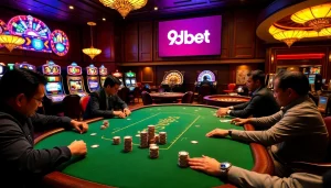 Intense poker game at 9Dbet casino with colorful chips and illuminated slot machines.
