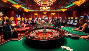 Gamble at https://shbet.id/ in a luxurious casino atmosphere with roulette and excited players.