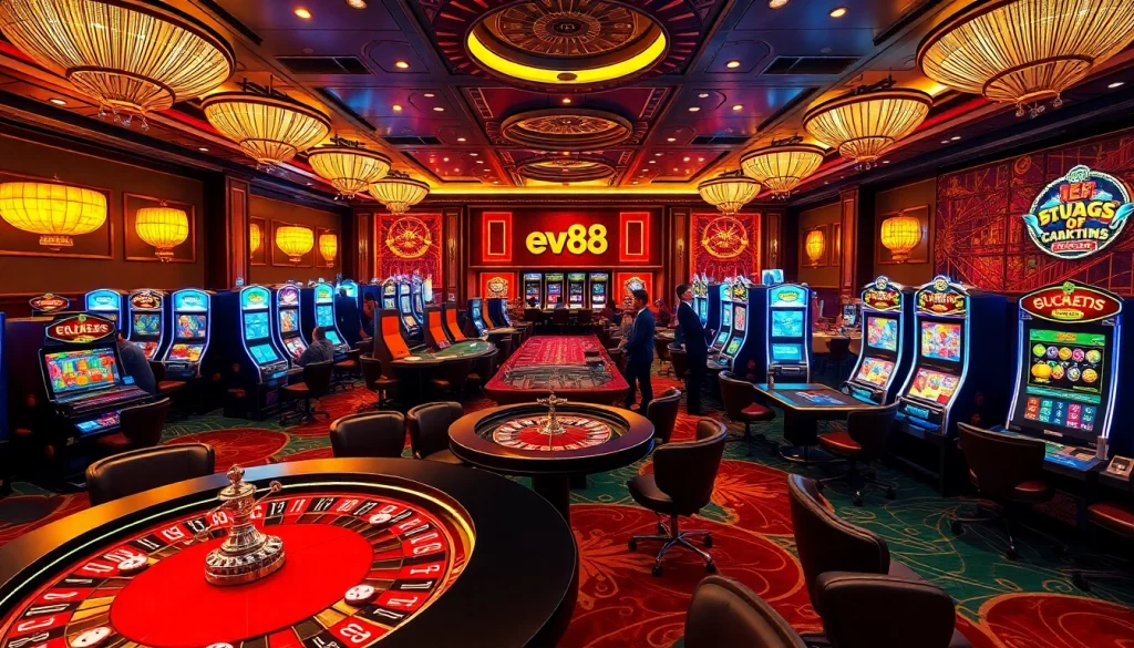 Experience the excitement of ev88 with vibrant casino tables and colorful slot machines in a luxurious setting.