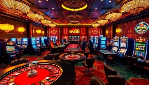 Experience the excitement of ev88 with vibrant casino tables and colorful slot machines in a luxurious setting.