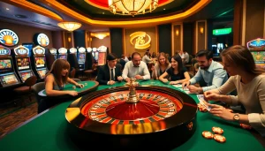 Players celebrating their win at 32 win poker table in a vibrant casino environment.