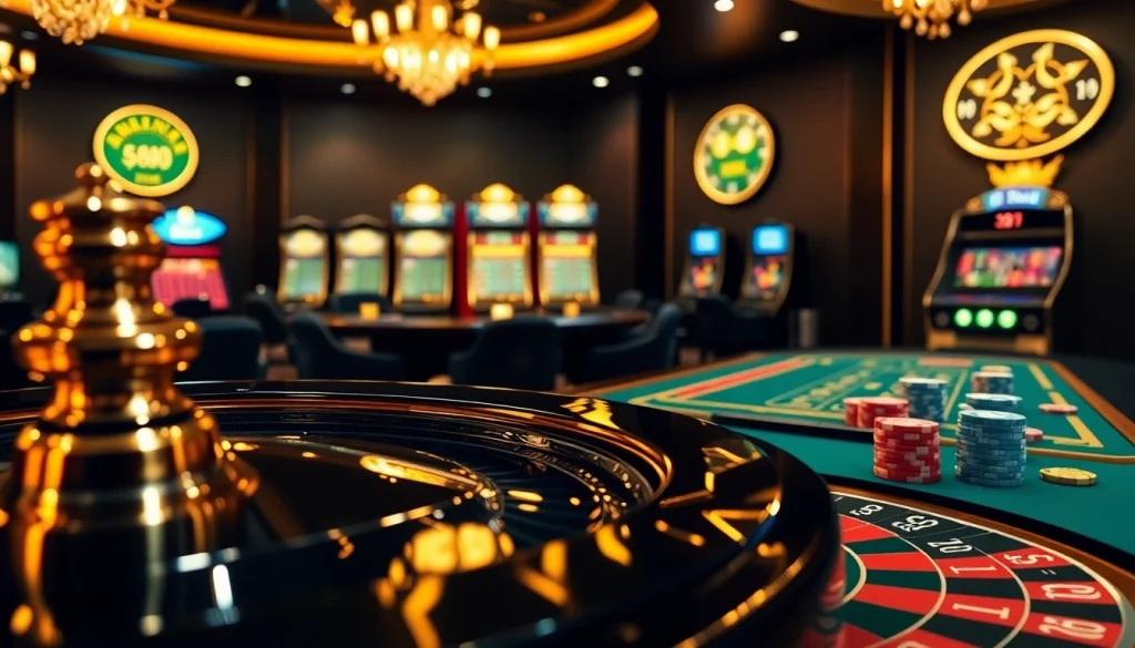 Exciting online gambling scene at trang chủ 23win showcasing roulette, poker, and slot machines, conveying luxury and thrill.