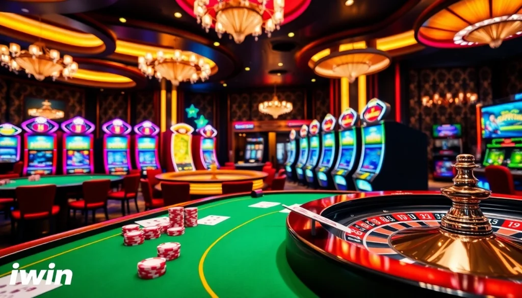 Exciting iwinclub casino scene with vibrant tables, roulette wheel, and players engaged in gaming.