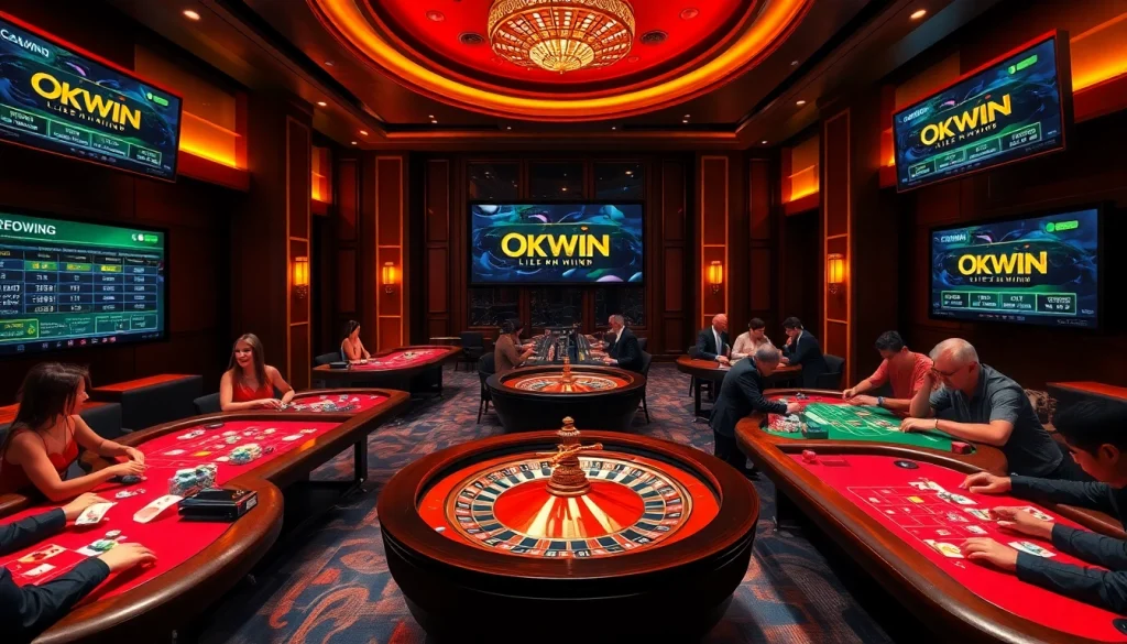 Excited players engaging in high-stakes games at OKWIN liên minh casino, showcasing vibrant tables and gaming excitement.